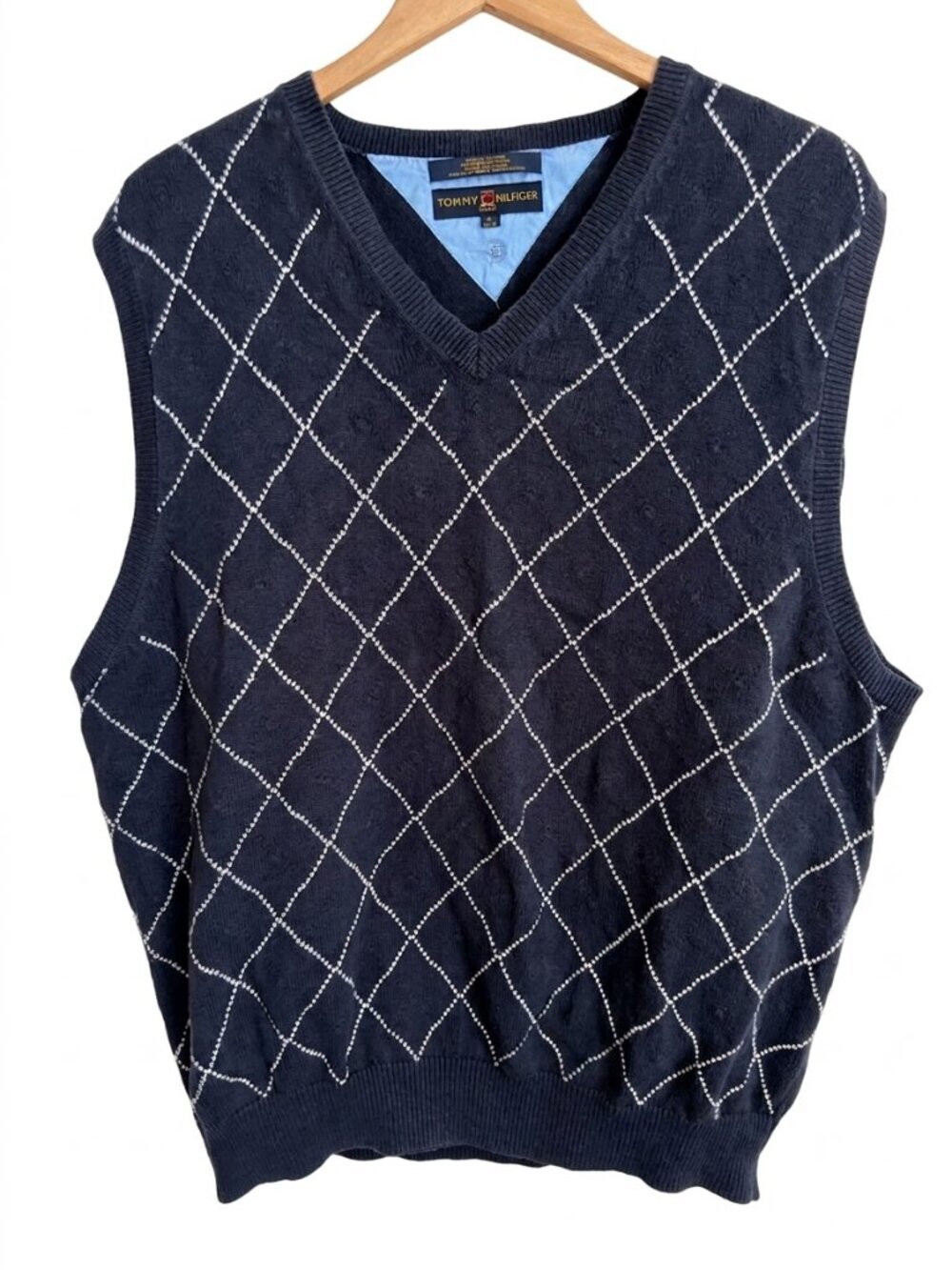 Tommy Hilfiger Golf Argyle Sweater Vest Mens XL Navy 100% Cotton Preppy V-Neck